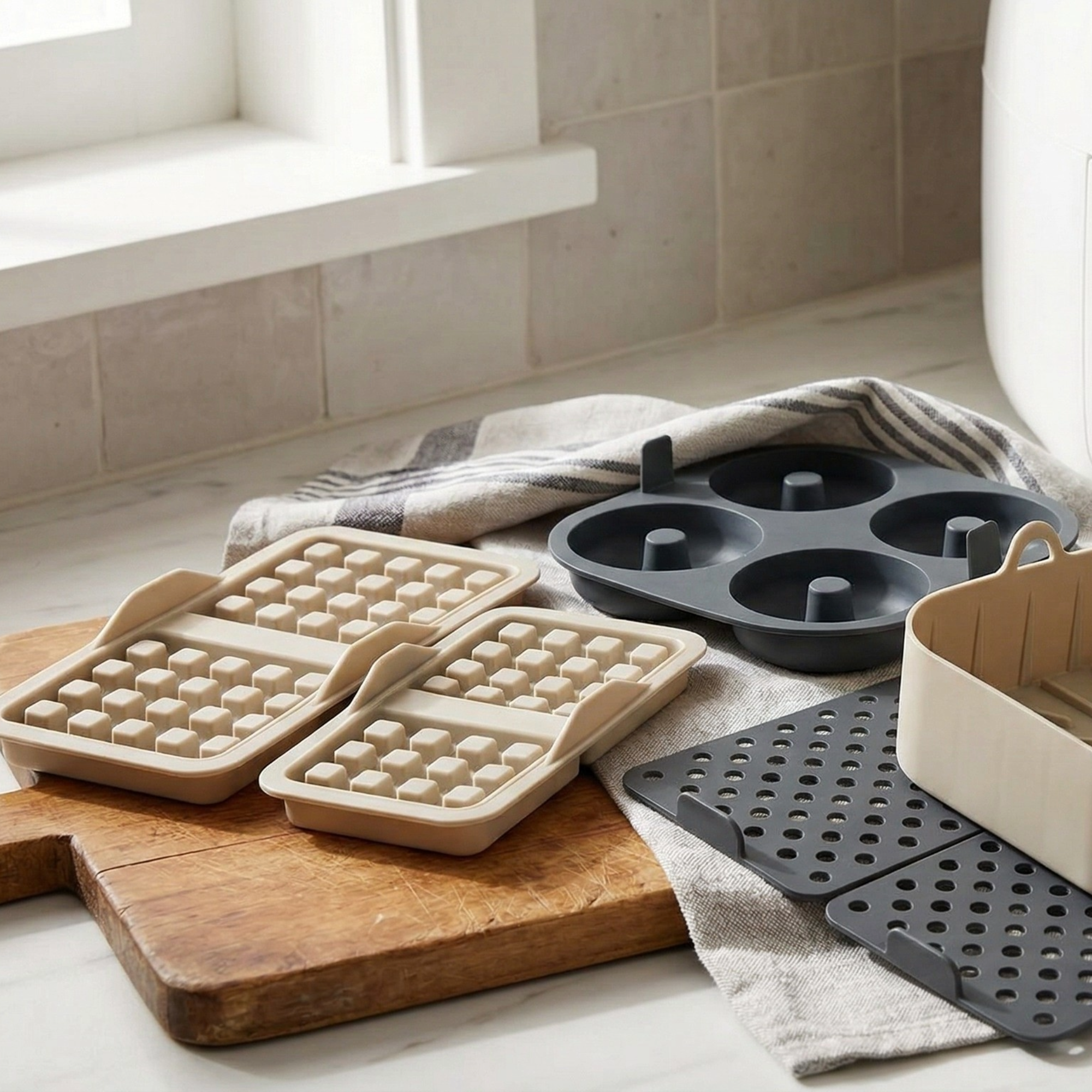 Gemini-generated image of Aldi's air fryer accessories on a marble kitchen worktop, next to an air fryer