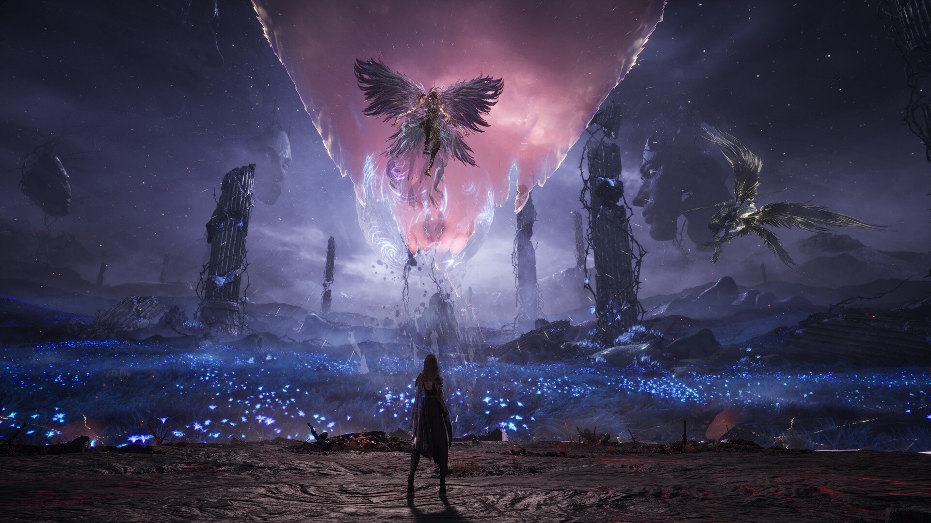 Angel-like beings descend from a split night sky as Gwendolyn looks up in Tides of Annihilation
