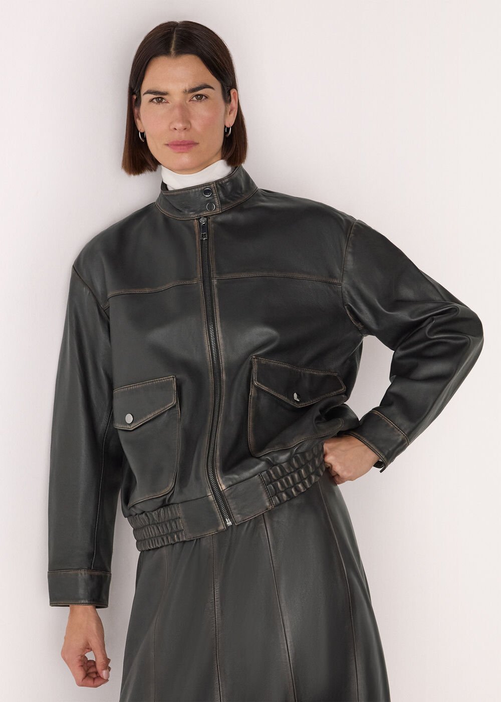 Black Burnished Leather Bomber