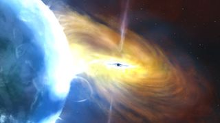 a black hole in the center of a massive swirling cloud of fiery gases