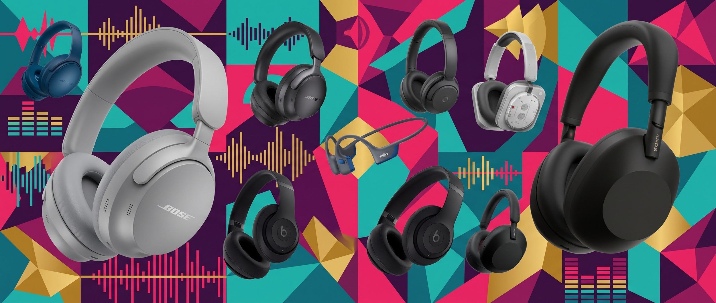 A collage of headphones from the Labor Day sales, including cans from Sony, Apple, Bose, Shokz, JBL, Nothing, and more.