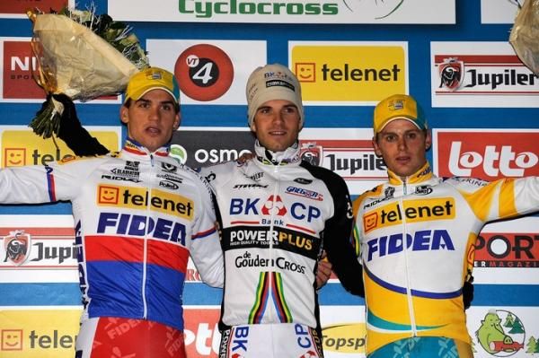 The elite men's podium (l-r): Zdenek Stybar (Telenet - Fidea Cycling Team, 2nd); Niels Albert (BKCP - Powerplus, 1st); Kevin Pauwels (Telenet - Fidea Cycling Team, 3rd).
