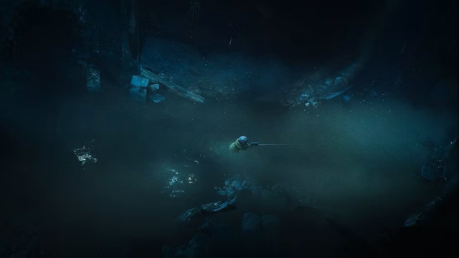 End of Abyss screenshot showing a small figure in an underground tunnel filled with water