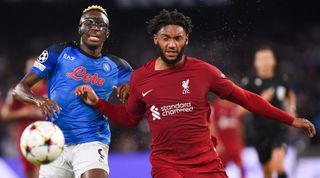 Napoli's Victor Osimhen and Liverpool's Joe Gomez challenge for the ball during the UEFA Champions League match between Napoli and Liverpool on 7 September, 2022 at the Stadio Diego Armando Maradona, Naples, Italy