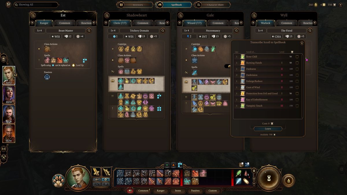 Baldur's Gate 3 learning spells in the full menu