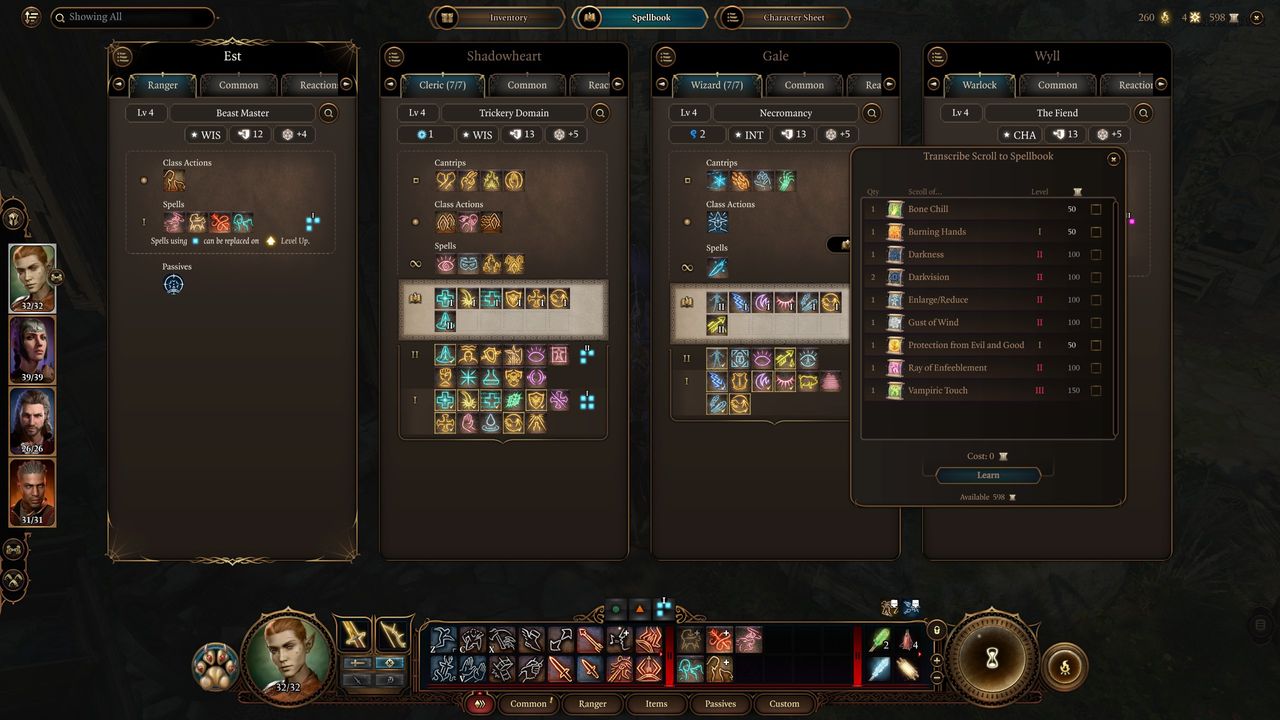 Baldur's Gate 3 learning spells in the full menu