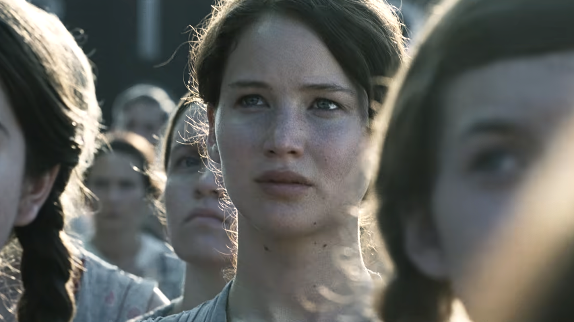 Jennifer Lawrence as Katniss Everdeen on Reaping Day in The Hunger Games