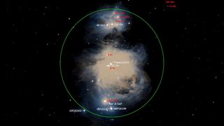 An illustration of the night sky on Feb. 17 that shows the position of the spectacular and bright nebula known as the Orion Nebula or Messier 42 and NGC 1976.