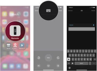 Open Remote app, tap keyboard icon, type or dictate
