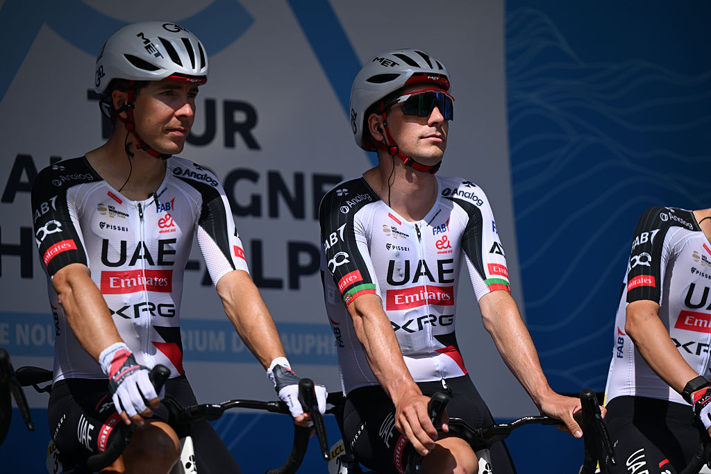 VIZILLE, FRANCE - JUNE 07: (L-R) Benoit Cosnefroy of France and Joao Almeida of Portugal and UAE Team Emirates - XRG prior to the 78th Tour Auvergne-Rhone-Alpes 2026, Stage 1 a 146.2km stage from Vizille to Saint-Ismier / #UCIWT / on June 07, 2026 in Vizille, France. (Photo by Dario Belingheri/Getty Images)