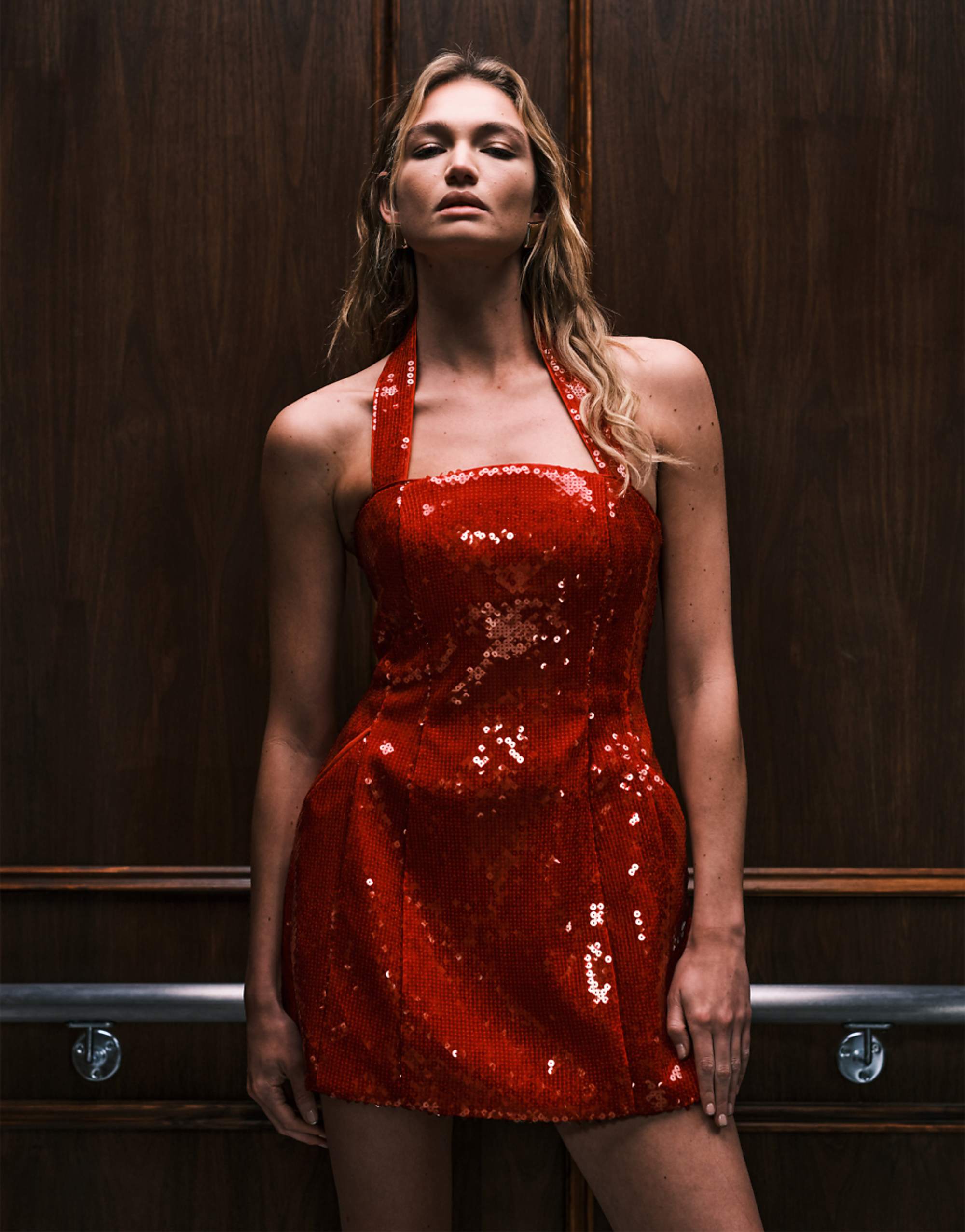 Bardot Nevelle Sequin Halter Dress in Deep Red