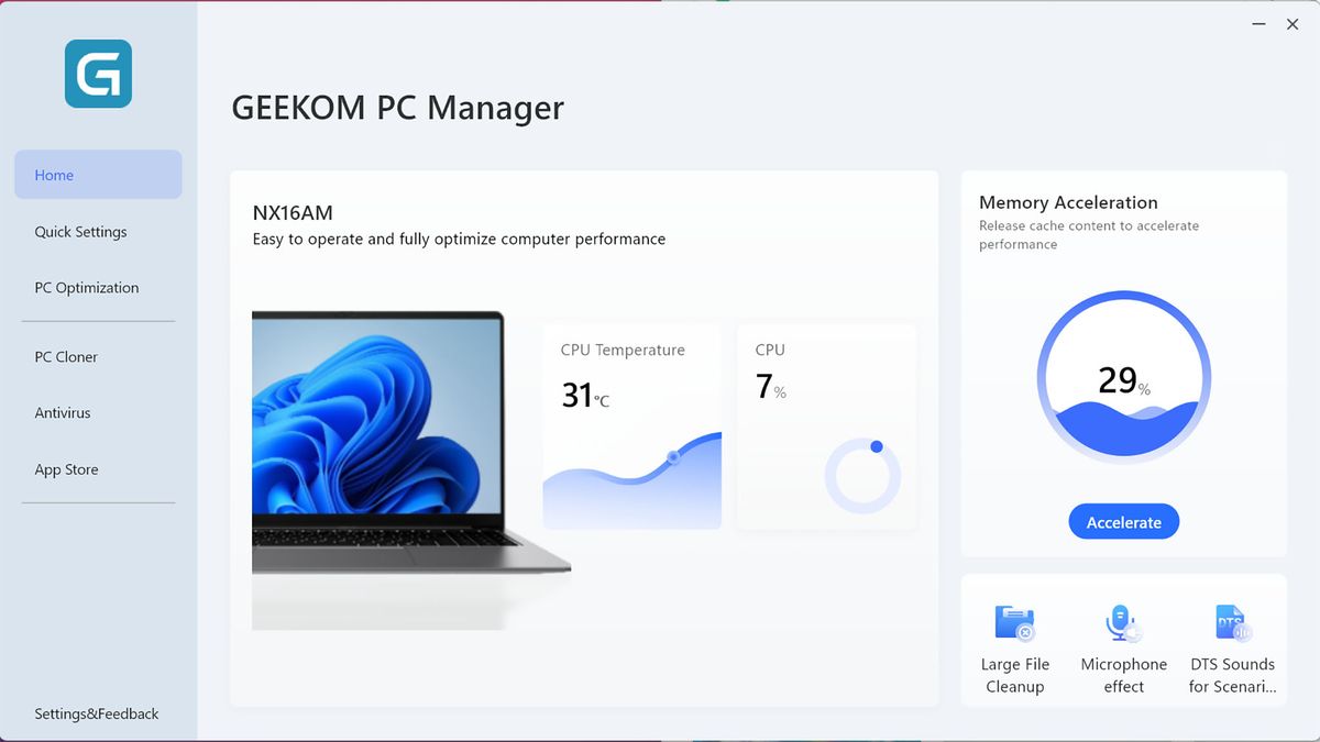 A screenshot of Geekom PC Manager's home screen showing CPU and memory performance.