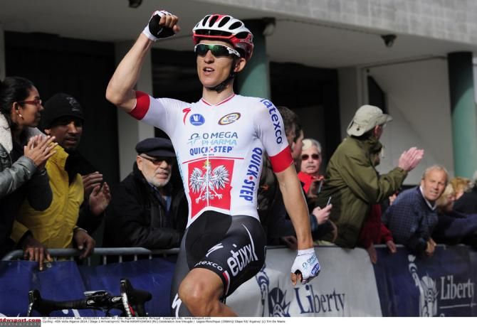 Polish champion Michal Kwiatkowski (Omega Pharma-QuickStep) celebrates victory in stage 2 at Volta ao Algarve
