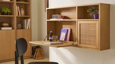 bookshelf in background with bag on floor beside it, black chair in front of cane-fronted wall cabinet that folds down as a desk with books, water glass, speaker, and potted plant