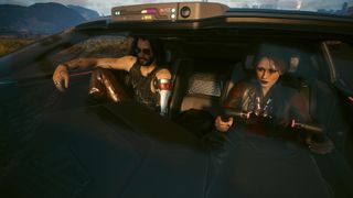 Cyberpunk 2077 screenshot of Johnny riding in the passenger seat of a pink car while V drives