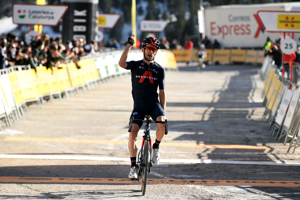 VALLTER 2000 SETCASES VALL CAMPRODON SPAIN MARCH 24 Arrival Adam Yates of United Kingdom and Team INEOS Grenadiers Celebration during the 100th Volta Ciclista a Catalunya 2021 Stage 3 a 2031km stage from Canal Olmpic de Catalunya to Vallter 2000 Setcases Vall Camprodon 2125m VoltaCatalunya100 on March 24 2021 in Vallter 2000 Setcases Vall Camprodon Spain Photo by David RamosGetty Images