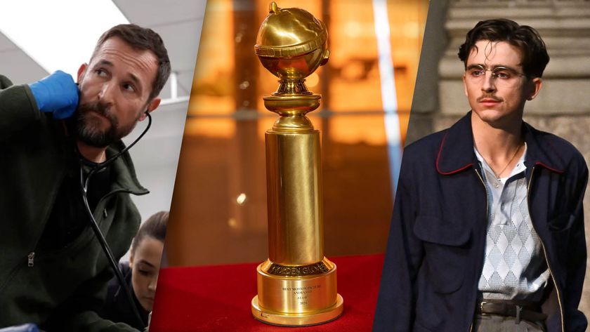 (From L to R) Noah Wyle as Dr. Robby in The Pitt, the Golden Globes Statuette for best animated feature "Flow" on display, and Timothee Chalamet as Marty in Marty Supreme