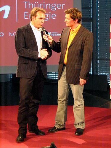 Olaf Ludwig (Manager T-Mobile Team) left, with Christan Mueller (mdr, TV-Station)
