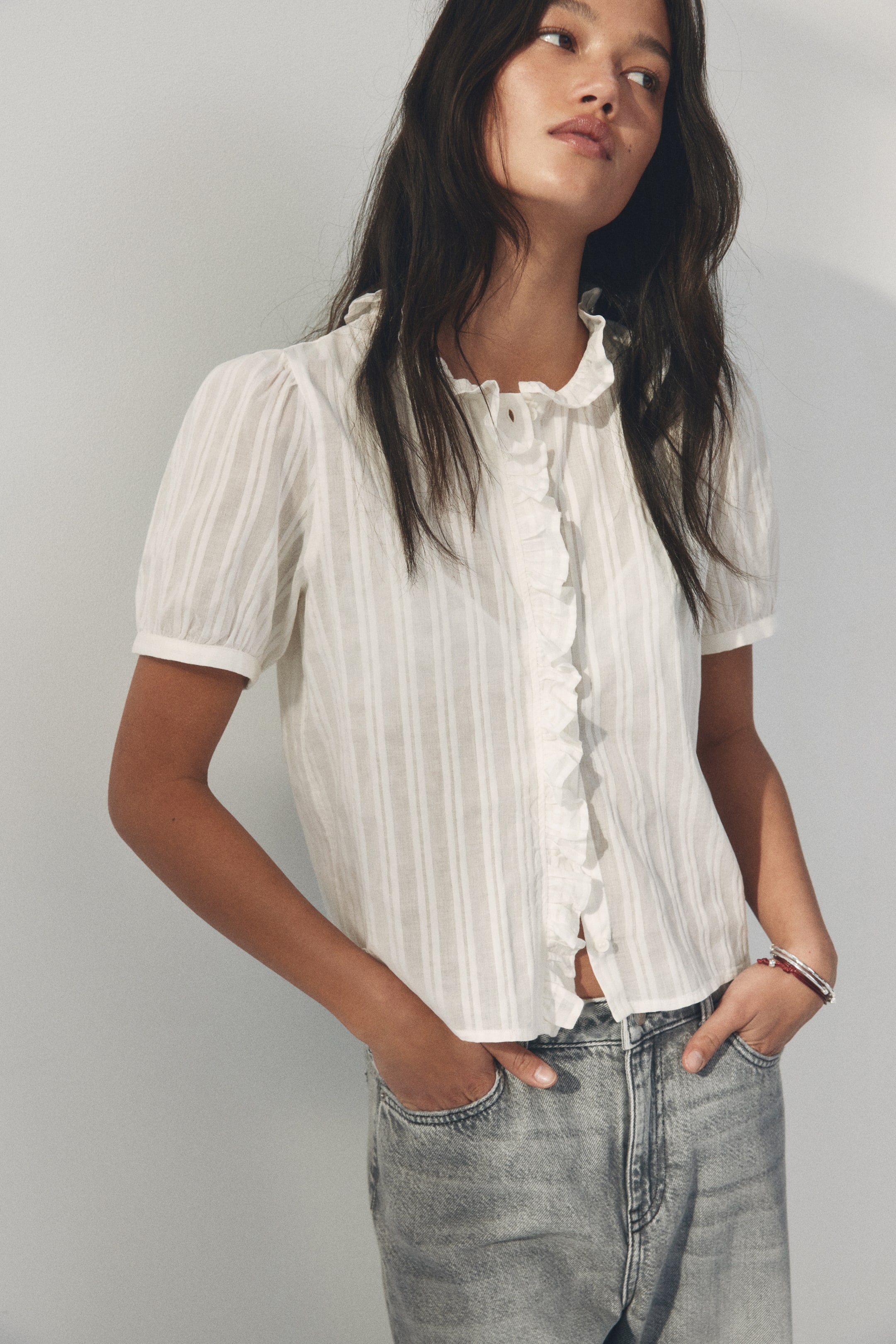 Frill-Trimmed Cotton Blouse