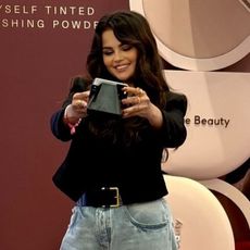 Selena Gomez wearing a black blazer and blue jeans at the Sephora Managers Conference in Las Vegas August 2024