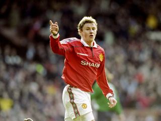 Ole Gunnar Solskjaer celebrates a goal for Manchester United against Liverpool in March 2000.