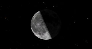A quarter moon hangs central and large in starry space, its shadowed half on the right.