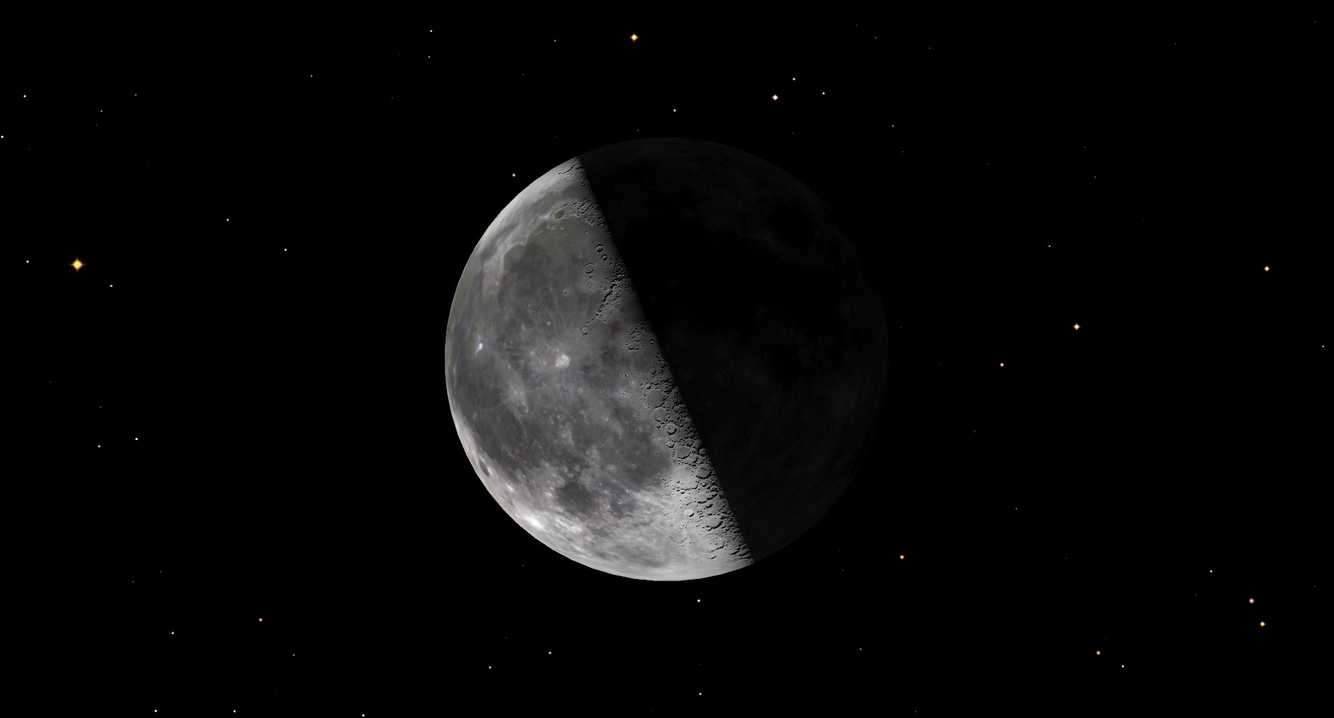 Четверть луны видна в центре звездного пространства и большая, а полумесяц затенен справа.