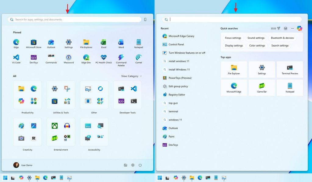 Start menu and Windows Search same height