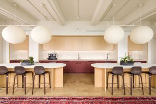 Wooden and burgandy kitchen cabinets with tactile fronts and handles