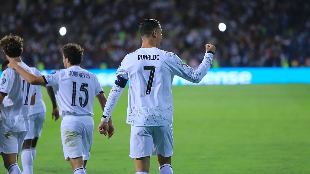 Cristiano Ronalo of Portugal celebrates his second goal during the FIFA World Cup 2026 qualifier match between Armenia and Portugal at Vazgen Sargsyan Republican Stadium on September 6, 2025 in Yerevan, Armenia.