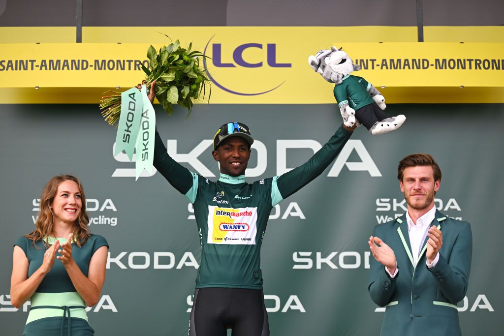SAINTAMANDMONTROND FRANCE JULY 09 Biniam Girmay of Eritrea and Team Intermarche Wanty Green Sprint Jersey celebrates at podium during the 111th Tour de France 2024 Stage 10 a 1873km stage from Orleans to SaintAmandMontrond UCIWT on July 09 2024 in Orleans France Photo by Tim de WaeleGetty Images