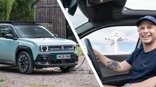 An electric Renault car being charged next to a man in the driving seat