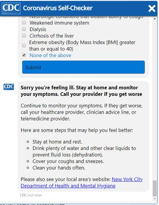 Screen grab from the CDC's coronavirus self-check chatbot.