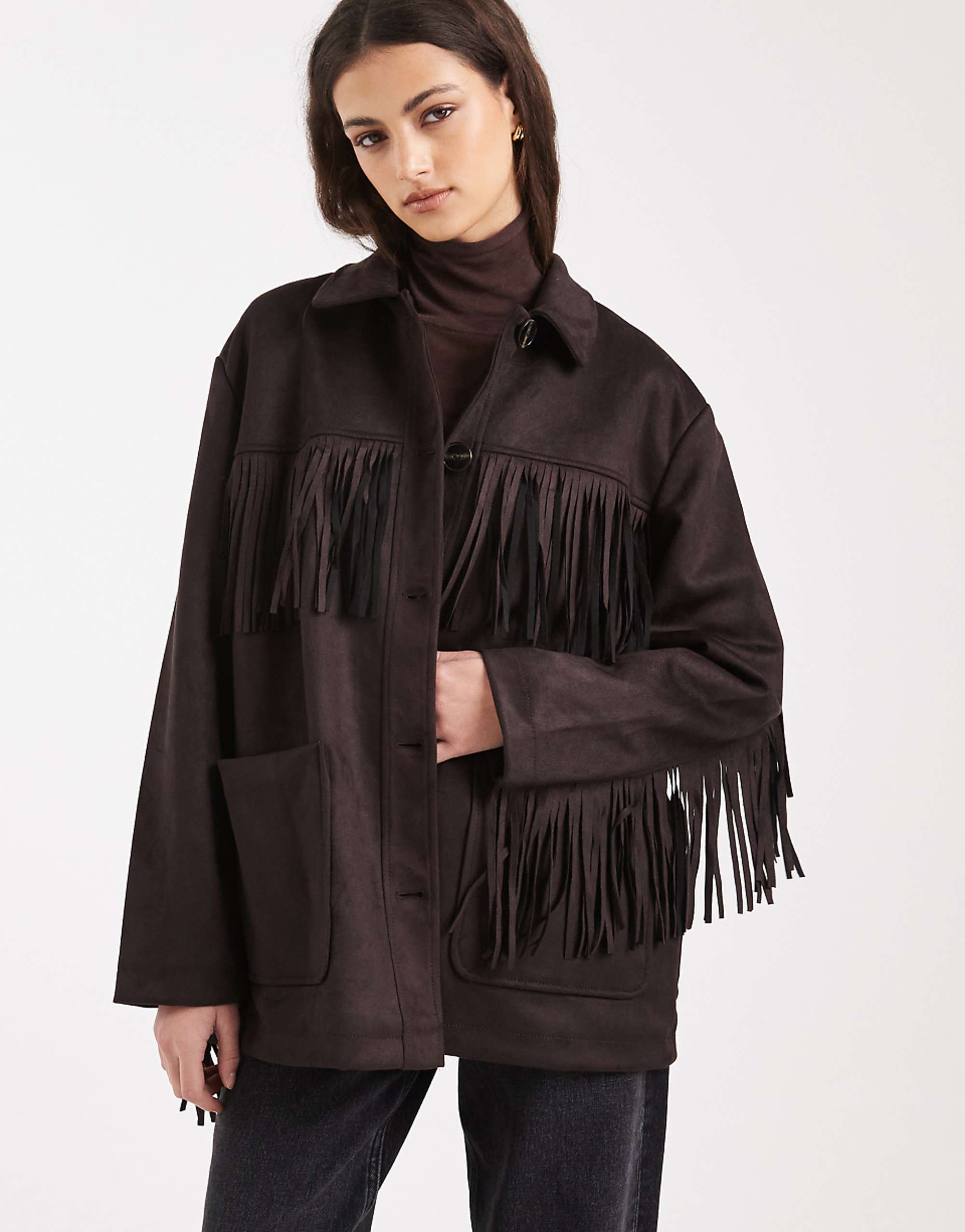 Only Boho Fringe Detail Faux Suede Jacket in Chocolate Brown