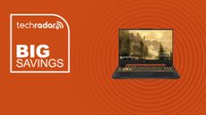 The Asus TUF gaming laptop on an orange background with text saying Big Savings next to it.