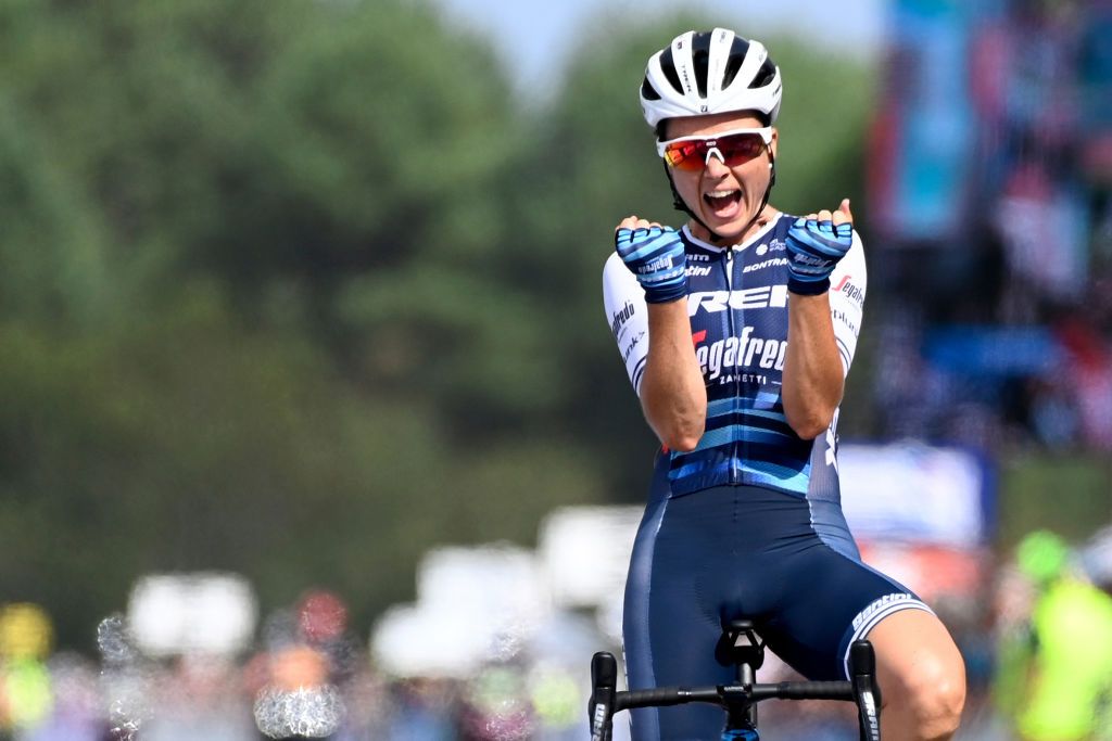 Frances Audrey CordonRagot of TrekSegafredo celebrates as she crosses the finish line to win the womens Elite French Road Cycling Championships 2020 between GrandChamp and GrandChamp western France on August 22 2020 Photo by Damien MEYER AFP Photo by DAMIEN MEYERAFP via Getty Images