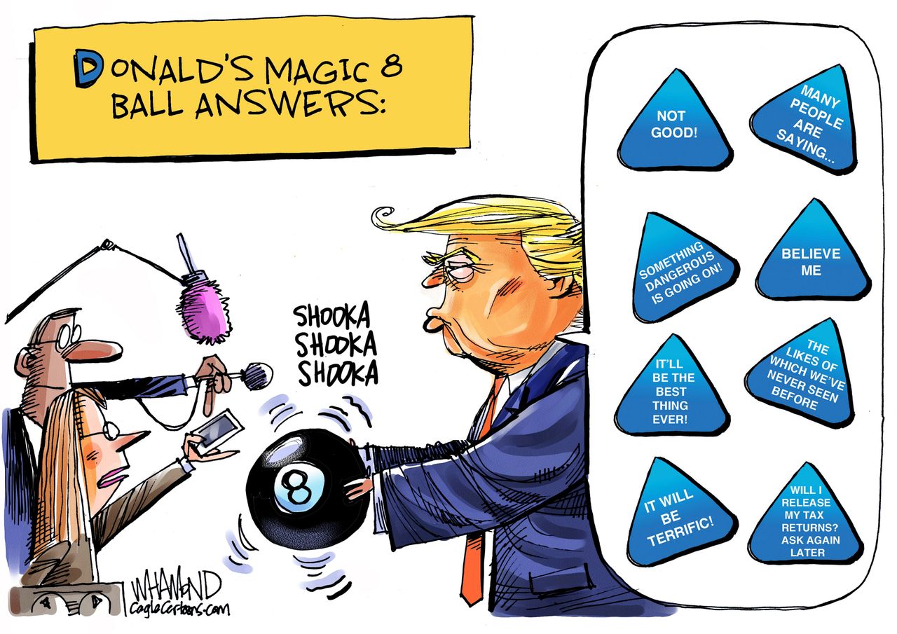 Political Cartoon Trump Magic Eight Ball Answers Press