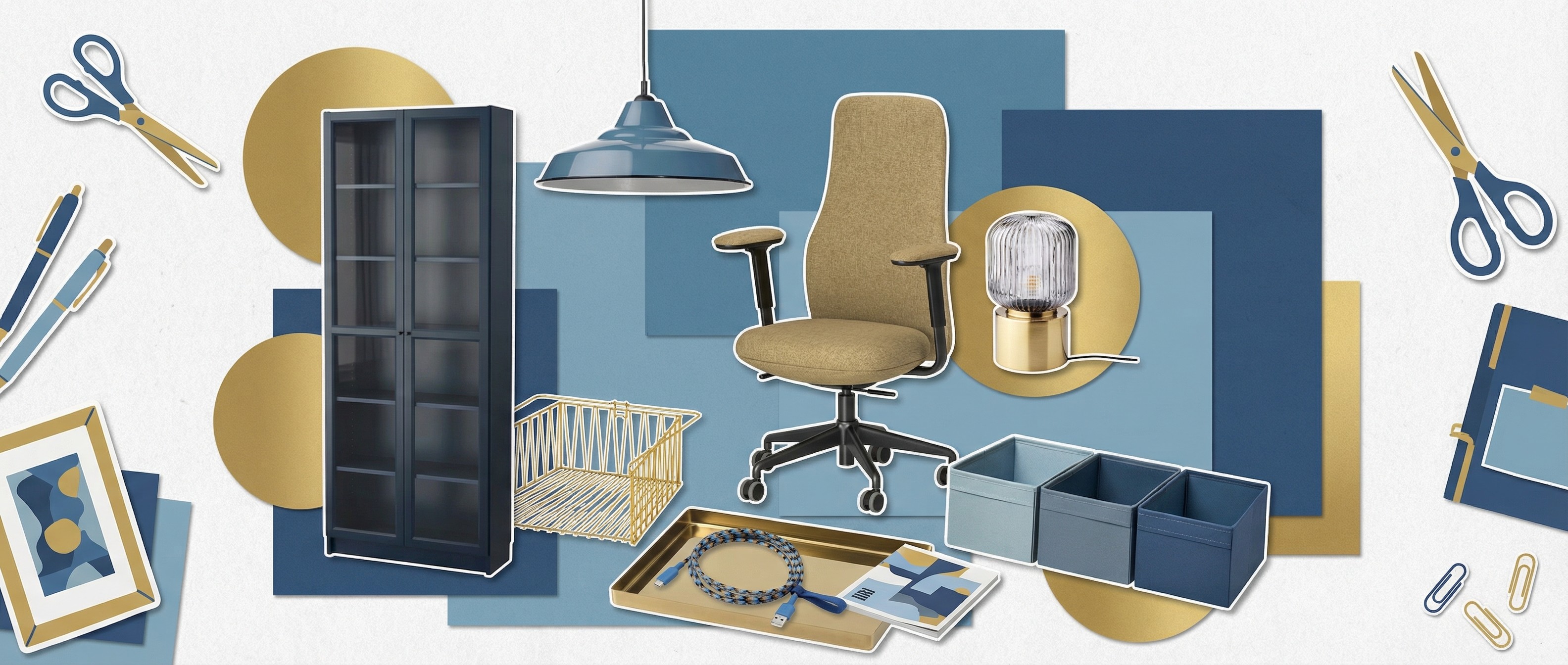 Collection of blue and brass-colored home office accessories
