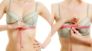 how to measure bra size - composite of a woman measuring with a tape measure