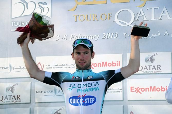 Stage 3 winner Mark Cavendish (Omega Pharma-Quick Step) on the podium.