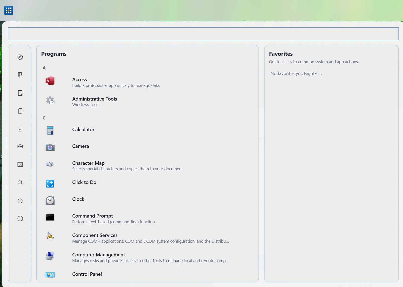 GroDock Start menu interface showing a program list and empty favorites section.