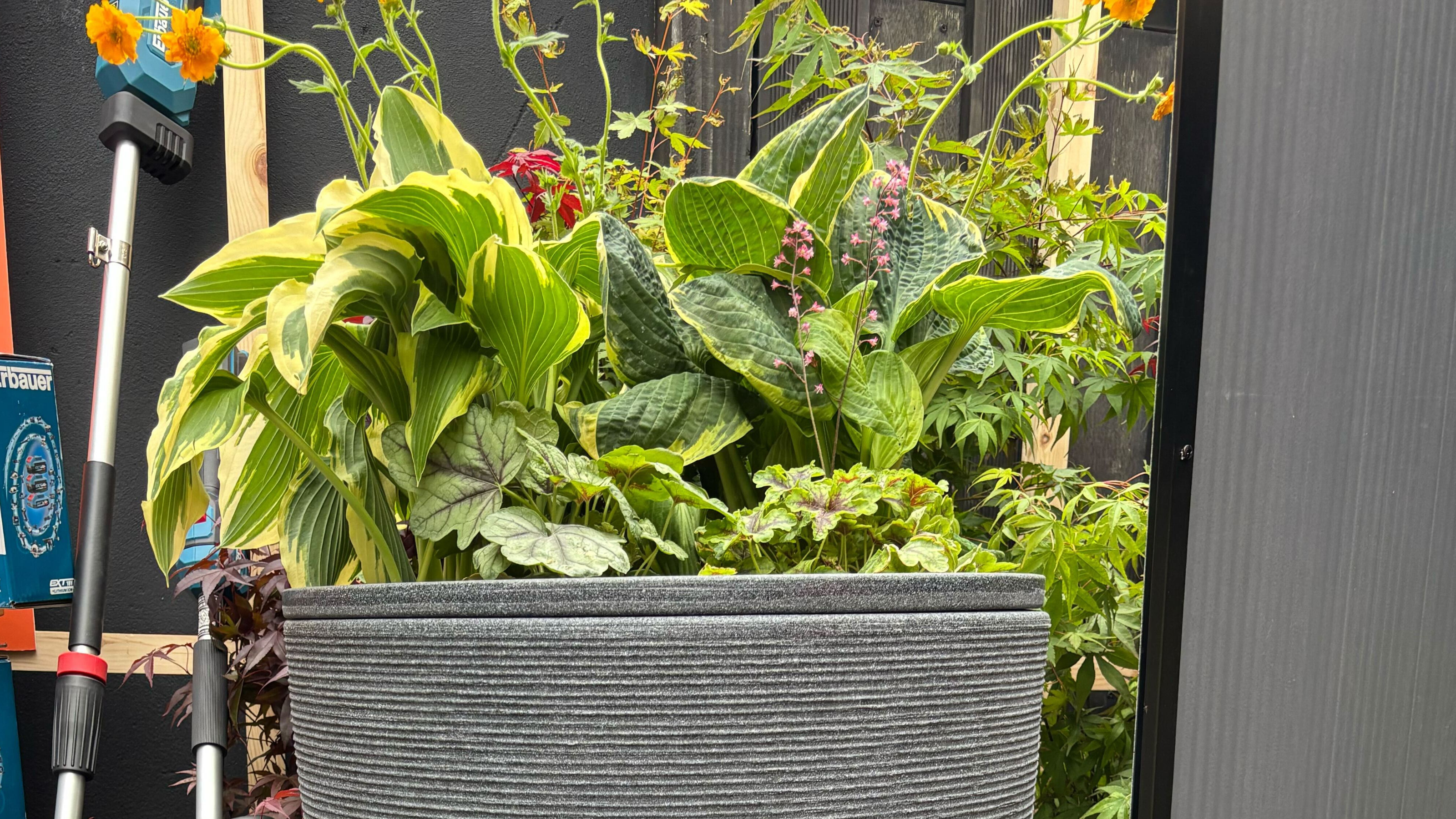 Close-up of planter detailing on Amesbury water butt.