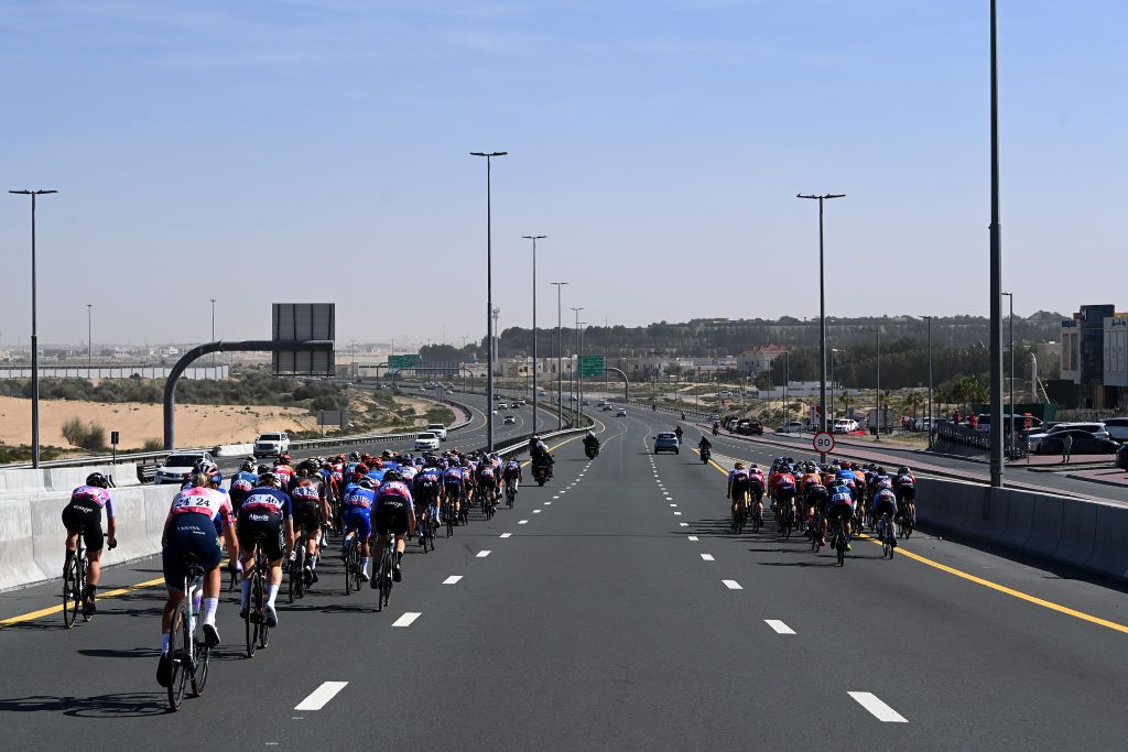 DUBAI UNITED ARAB EMIRATES FEBRUARY 09 A general view of the peloton competing during the 1st UAE Tour Women 2023 Stage 1 a 109km stage from Port Rashid to Dubai Harbour UAETourWomen on February 09 2023 in Dubai United Arab Emirates Photo by Tim de WaeleGetty Images