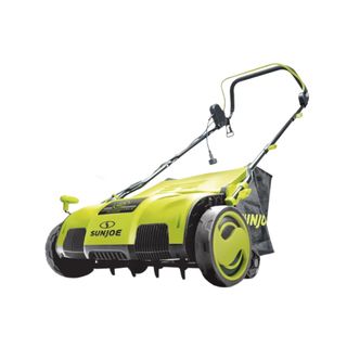 A lime green electric aerator with black and green wheels