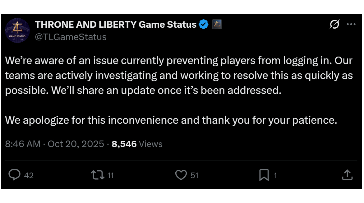 Throne and Liberty twitter account update