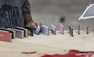 Installation view of books