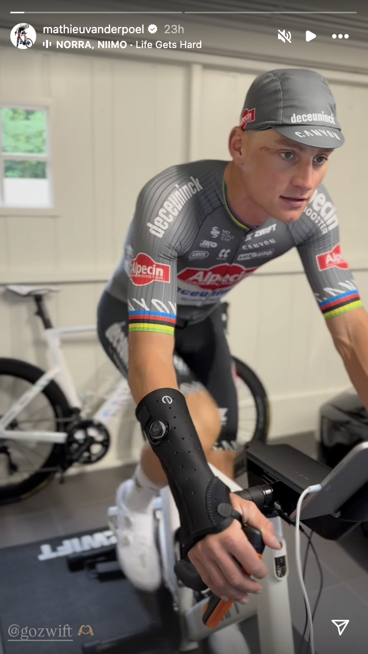 Mathieu van der Poel trains with a wrist brace following his mountain bike crash