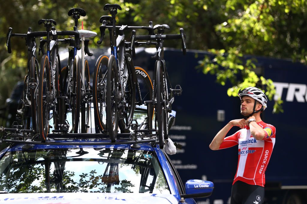 NICE FRANCE AUGUST 27 Kasper Asgreen of Denmark and Team Deceuninck QuickStep during the Team Deceuninck QuickStep Training Mask Covid Safety Measures TDF2020 LeTour on August 27 2020 in Nice France Photo by Michael SteeleGetty Images