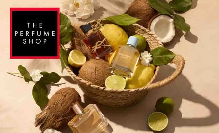 the perfume shop logo top left with a basket full of coconuts, lemon and limes