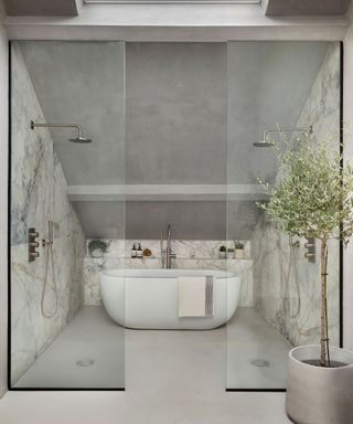 microcement modern bathroom with walk in bath and shower